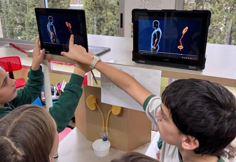 Alumnos de primaria realizando una actividad de role-play en inglés para mejorar la comunicación espontánea en el Colegio San Gabriel.